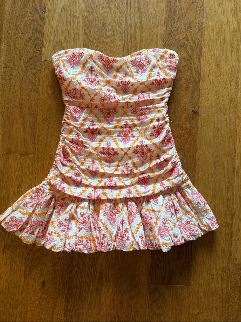 Hello Molly Pink & Orange Strapless Patterned Ruffle Dress